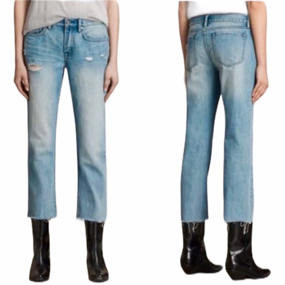All Saints Light Blue Cropped Jeans Senere Denim Distressed Hem 26